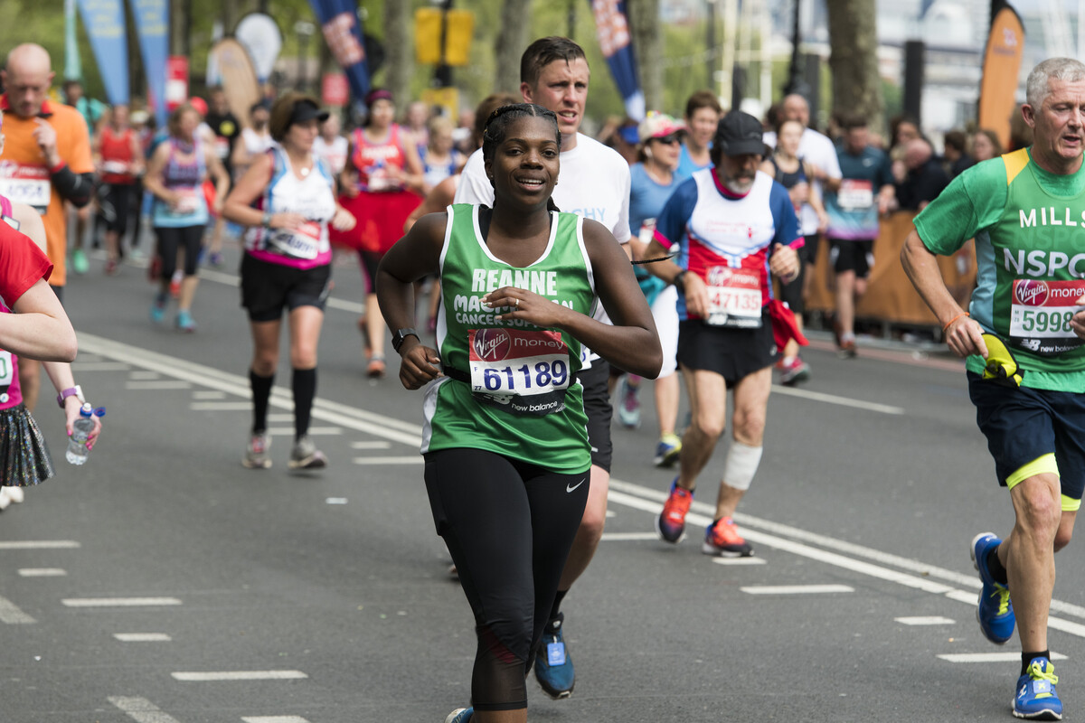 A female runner taking part in the Virgin London Marathon 2019