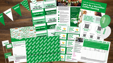 The graphic shows the different documents and fundraising items that come in the Coffee Morning full fundraising kit. 