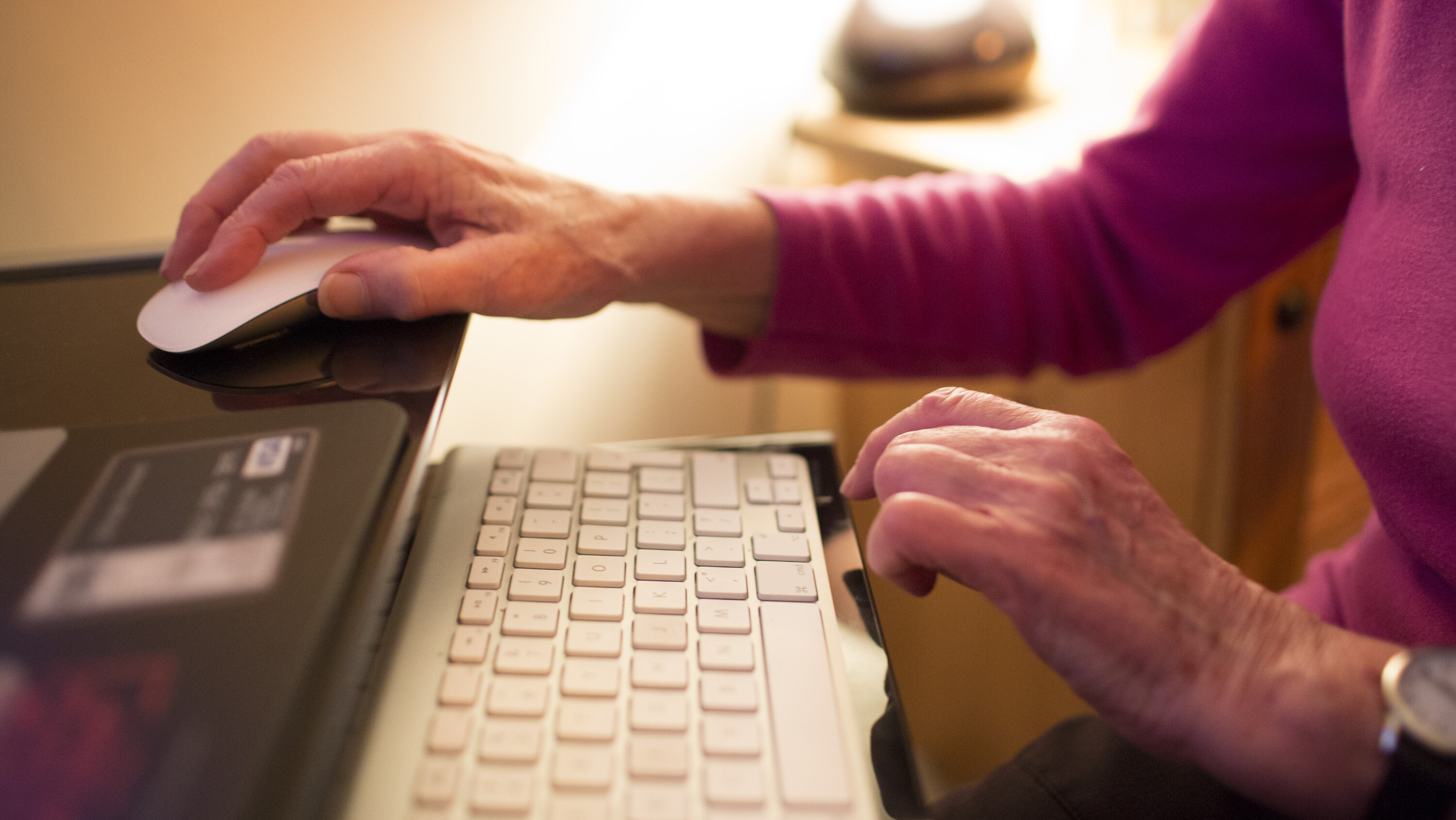 Close up of an older woman's hands using a mouse to navigate a website.