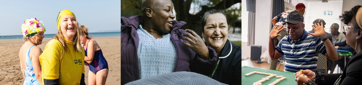 Collage of 3 images. Three women on a beach, two women in a park and some people playing dominos in a community centre.