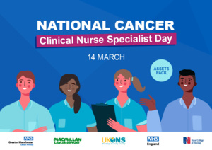Graphic for National Cancer Clinical Nurse Specialist Day 2025 on March 14. An illustration of four diverse healthcare professionals.