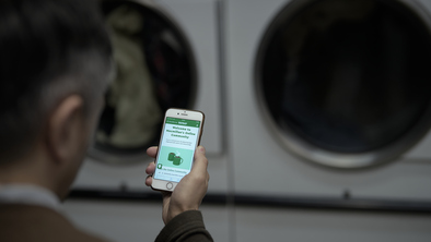 A person is holding out their mobile phone. On the phone is the Online Community homepage. They appear to be in a laundry mat as there are washing machines in the background.
