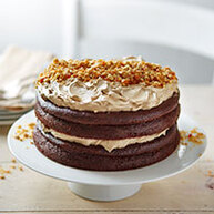 A decadent three-layer chocolate cake with rich, creamy salted caramel frosting between each layer and on top, crowned with crunchy peanut brittle pieces. Presented on a white cake stand.