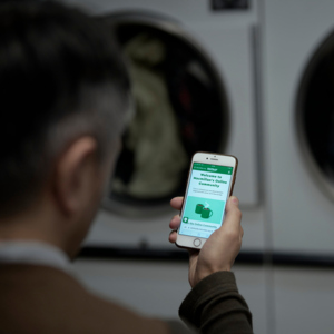 A person is holding out their mobile phone. On the phone is the Online Community homepage. They appear to be in a laundry mat as there are washing machines in the background.