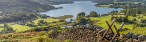 An view of Windermere in Cumbria, England. It includes a stone wall along grass plains. In the distance is a lake. 