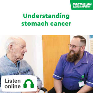 The cover for the Understanding Stomach Cancer audiobook produced by Macmillan Cancer Support.