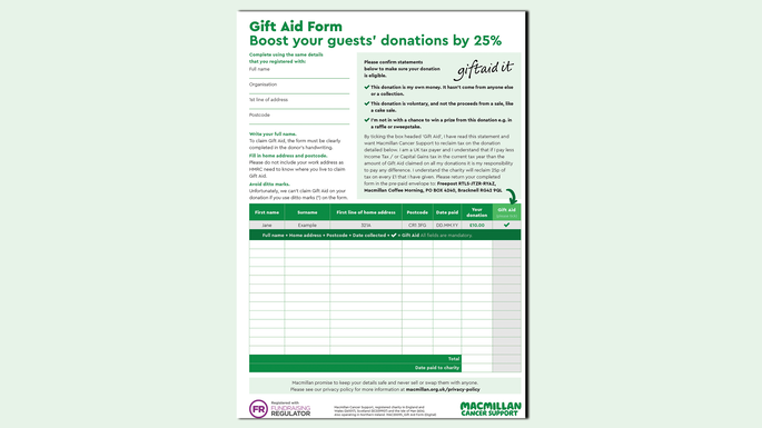 A graphic that shows that Gift Aid form for Coffee Morning on a light green background.