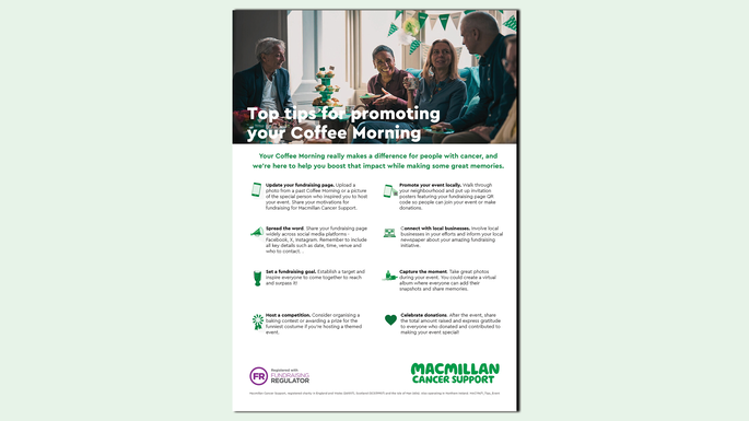 A preview of the top tips for promoting your Coffee Morning guide.