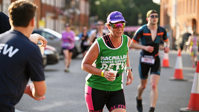 A runner in a Macmillan branded top taking part in an event. They are also wearing a purple hat and black and pink shorts. They are running on a road closed off for the event.