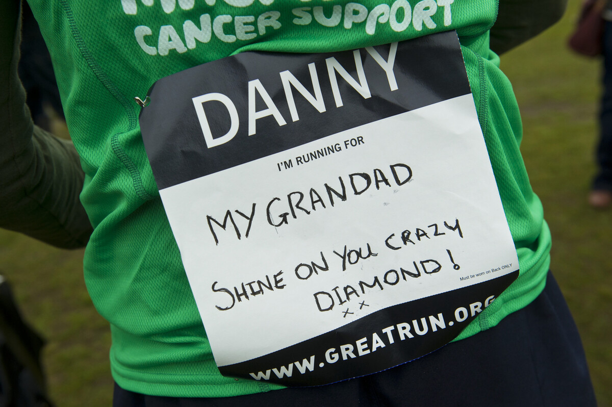 A green Macmillan running shirt with a handwritten dedication on the back saying I'm running for my grandad, shine on you crazy diamond!