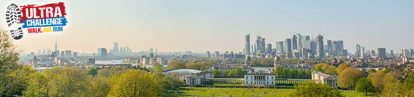 A view across the London skyline with the Ultra Challenge logo saying walk, jog, run.