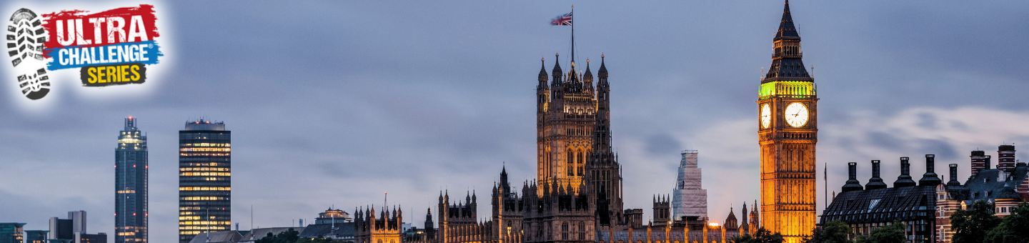 London skyline at night featuring Big Ben lit up and the Ultra Challenge Series logo.