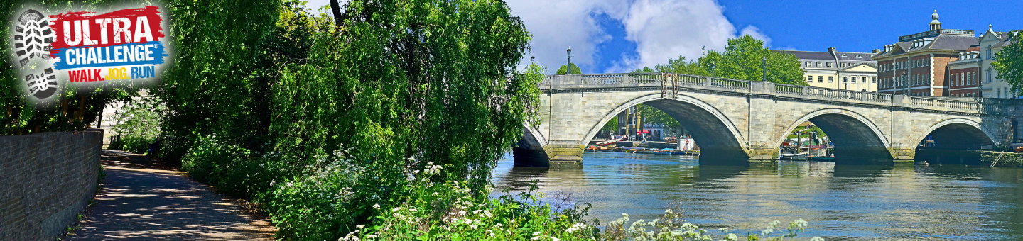 A bridge over the Thames with the Ultra Challenge logo saying Walk, Jog, Run