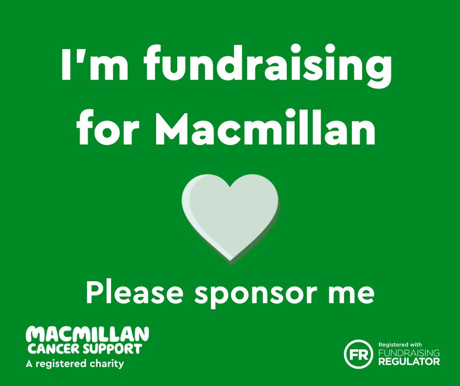 I'm fundraising for Macmillan, Please sponsor me social media image with a heart on it