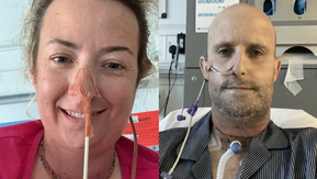 Two photos of two different patients in hospital settings receiving medical treatment. One wears a pink top with a nasal tube taped to the nose; the other wears a striped shirt with multiple tubes attached to the nose and neck. Medical equipment is visible in the background.