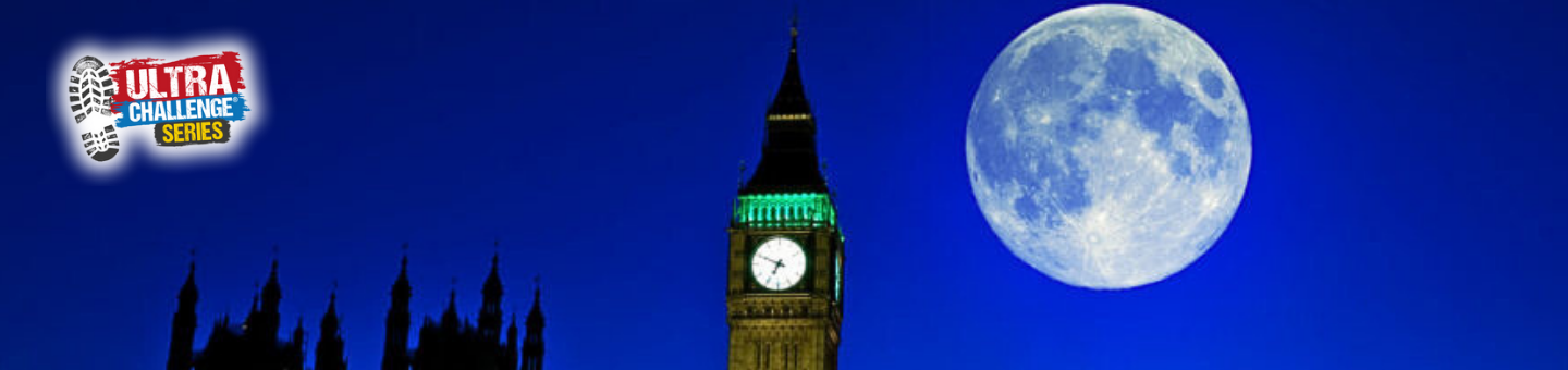 Big Ben at night with a large full moon and the Ultra Challenge Series logo