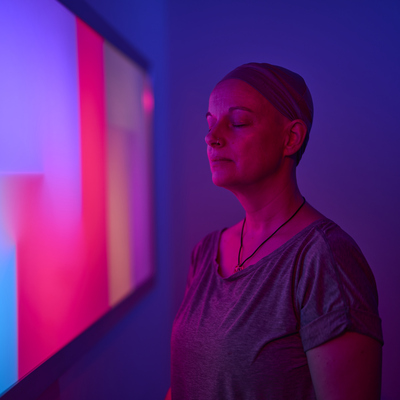 A women has her eyes closed and is relaxing whilst experiencing the Sanctuary Light and Sound Therapy room at the Macmillan Horizon Centre in Brighton. She has on a grey top and is wearing a head wrap. In front of her is a colourful wall on display.