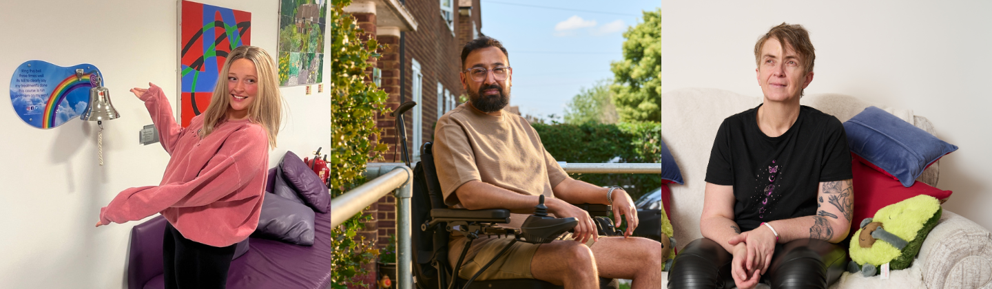 Collage showing a happy young person by a bell you ring at the end of chemotherapy treatment, a person outside in a wheelchair, and a person sitting on a sofa.