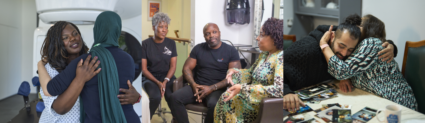 The image is a collage of three scenes illustrating cancer support and emotional wellbeing. On the left, a black woman in a hospital gown is  hugging another person in a healthcare setting. In the centre, a small group of people sit together in a salon, engaged in conversation that reflects community care and peer support. On the right, two individuals lean across a table covered with photographs, hugging warmly to convey connection, shared memories, and holistic support for those affected by cancer.