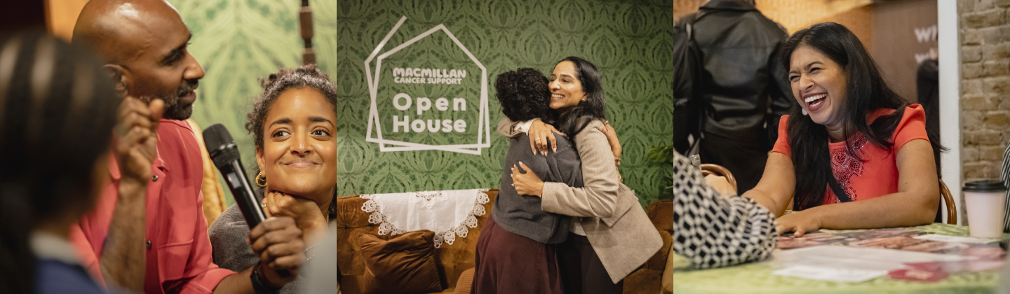 Three scenes from a Macmillan Cancer Support Open House event: a person speaking into a microphone during a discussion, two people warmly embracing in front of a green wall with the Macmillan Cancer Support Open House logo, and a person seated at a table with informational materials and a coffee cup.
