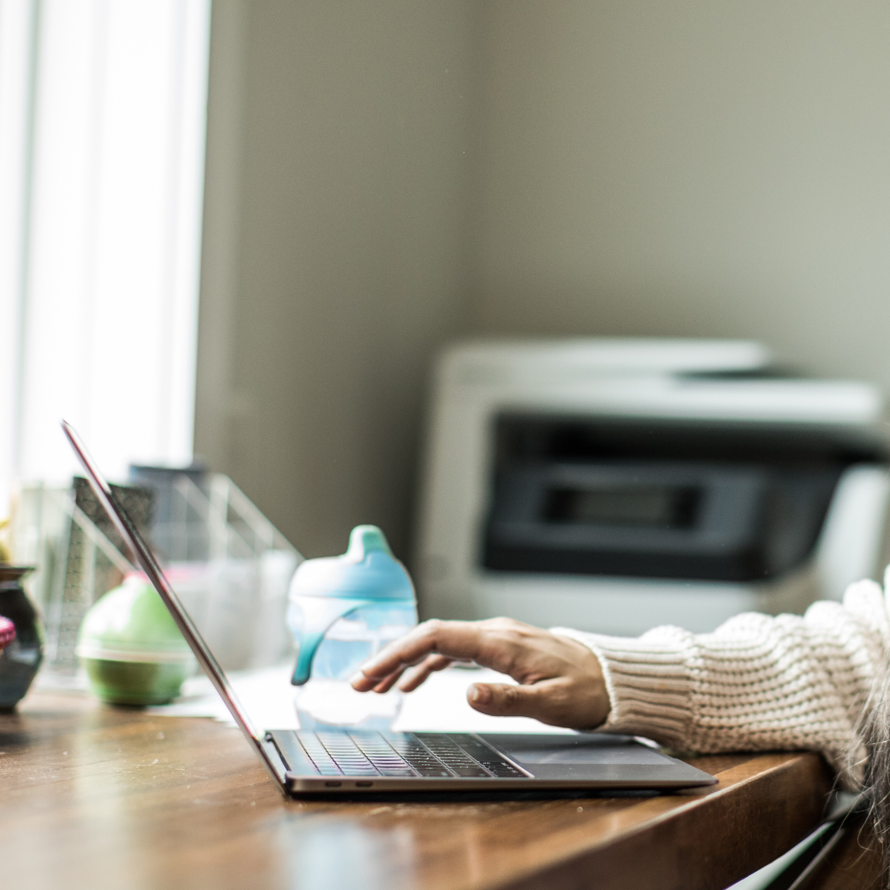 A woman is looking at a laptop. Her young child is sitting on her knee