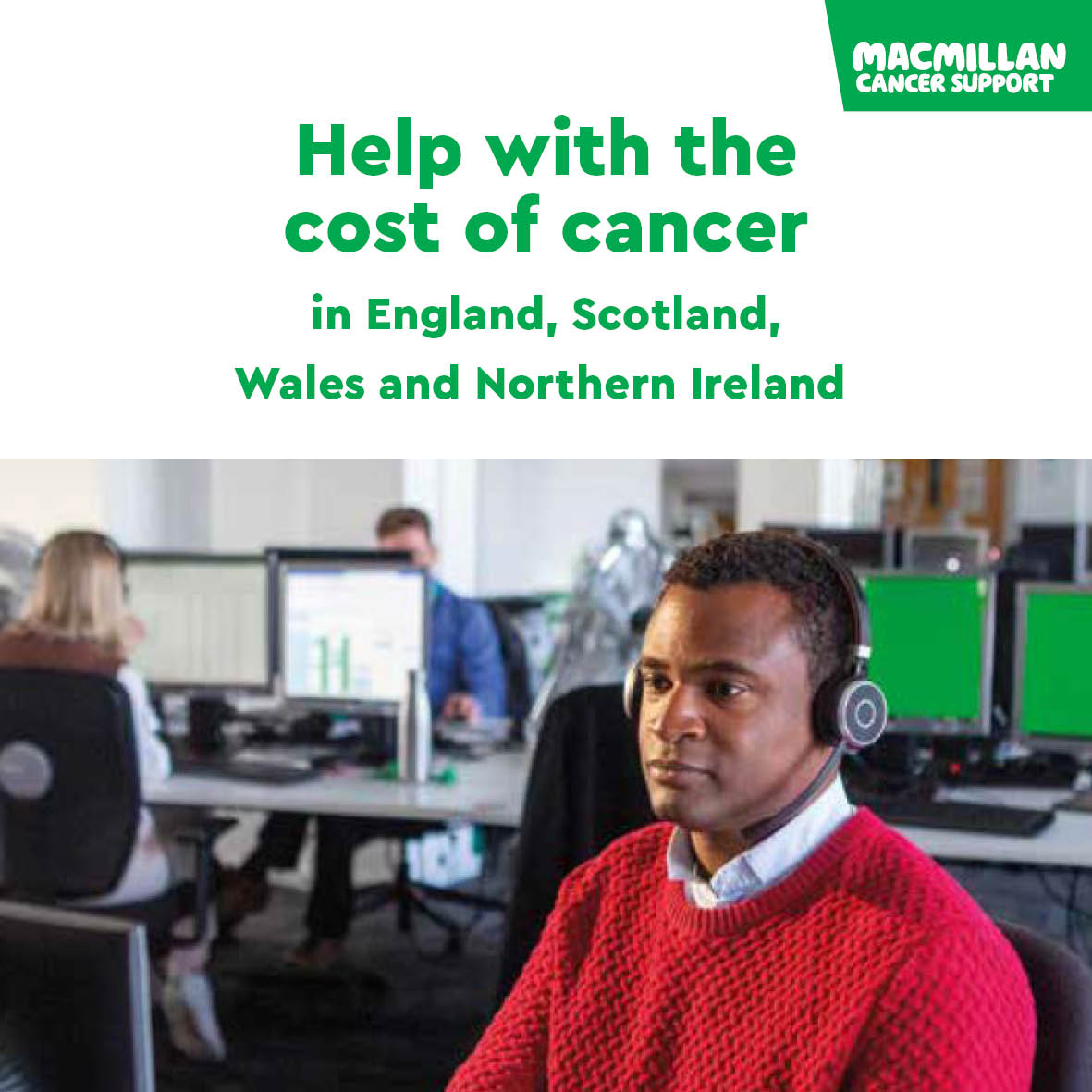 The cover for the Help With The Cost of Cancer audiobook. It includes the title of the audiobook, Macmillan Cancer Support's logo and an image of a Macmillan Cancer Support money adviser working.