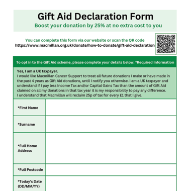A Gift Aid form with a QR code and different fields to complete. 