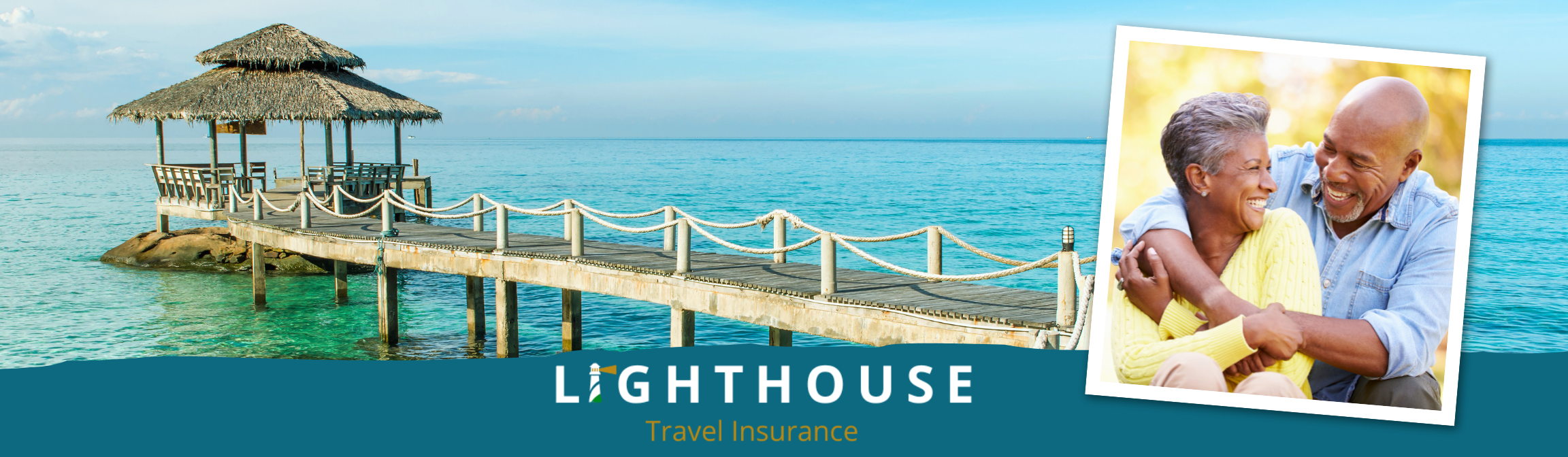 A graphic that includes a photo of a pier on a tropical beach. There is also a photo of an older couple. Lastly, it includes the Lighthouse Travel Insurance logo.