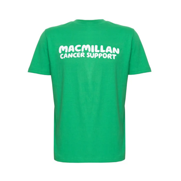 A green t-shirt with the Macmillan Cancer Support logo on it.