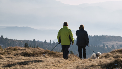 Two people are walking down a grassy path on a cold, winter day. Each is holding a dog led with a dog attached. The people are wearing winter clothing like coats and hats.