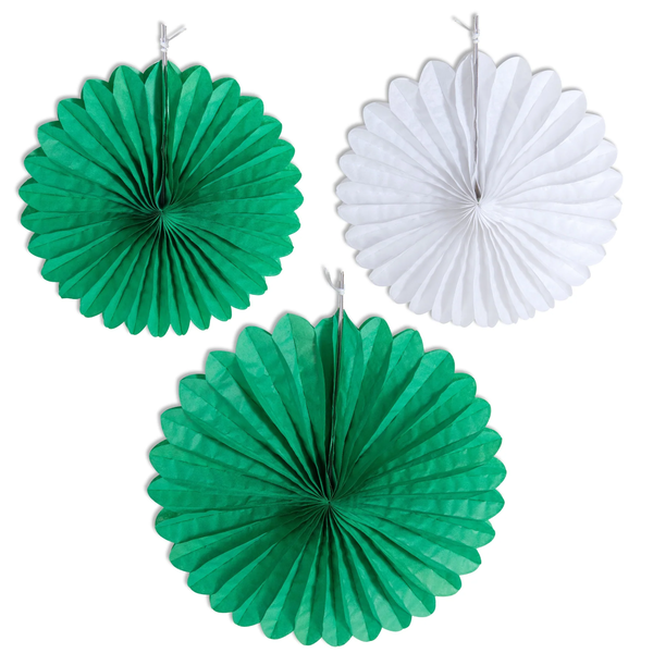 Three paper fans. One white and two green.
