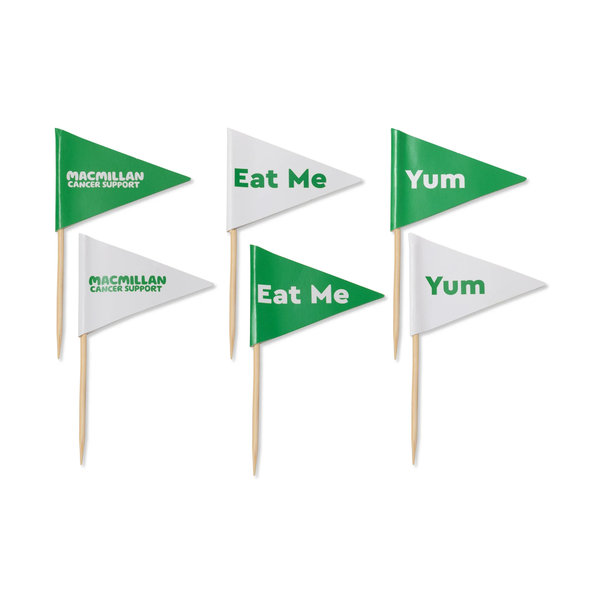A set of food flags that can be used for Coffee Morning treats. They are in green and white and have different sayings like 