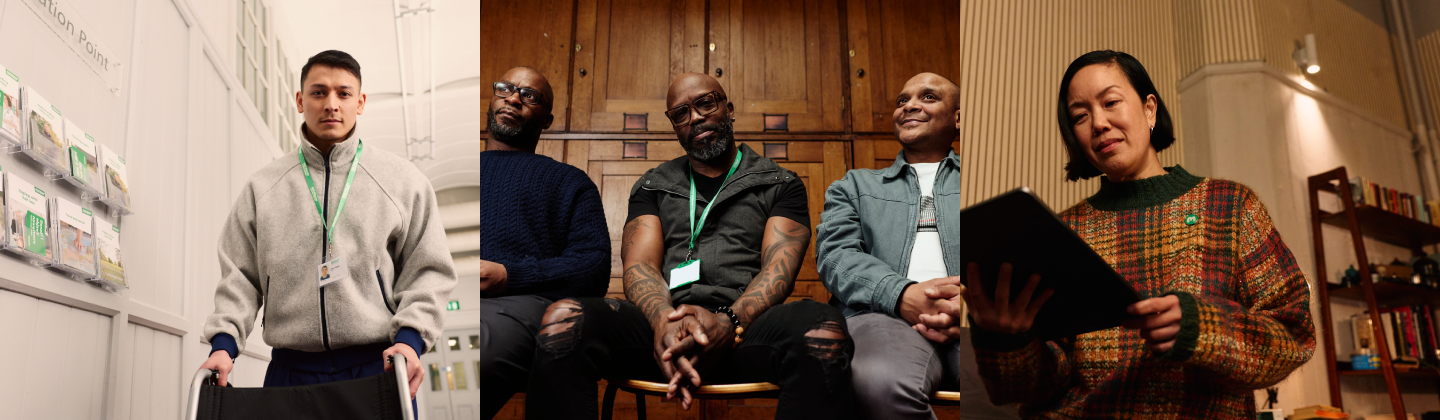 Montage of three photos showing people taking part in an indoor activity: one person carrying a chair down a bright corridor, a small group seated side by side in a wood‑panelled room, and another person standing and reading from a tablet in a cosy indoor space with shelves in the background.