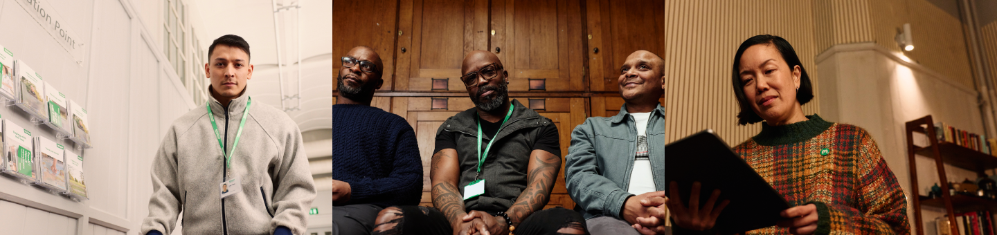 Montage of three photos showing people taking part in an indoor activity: one person carrying a chair down a bright corridor, a small group seated side by side in a wood‑panelled room, and another person standing and reading from a tablet in a cosy indoor space with shelves in the background.