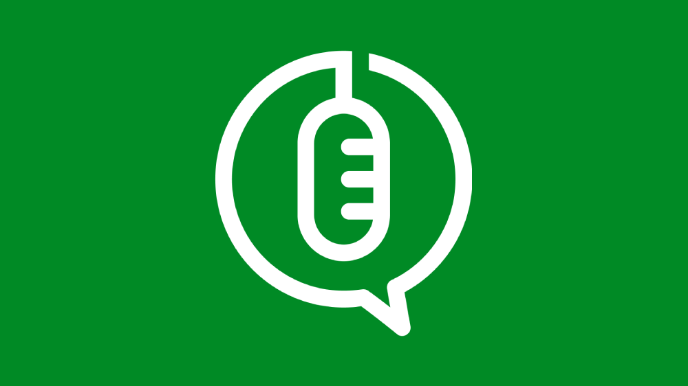 Microphone icon inside a speech bubble on a green background.