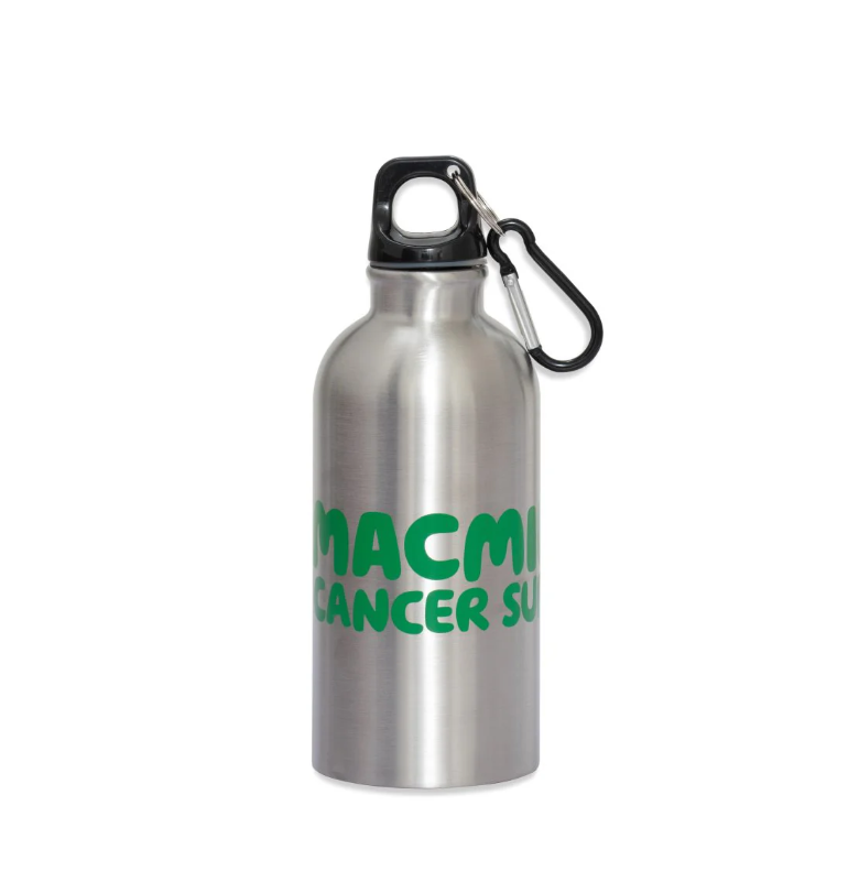 Metallic water bottle with a clip and green Macmillan Cancer Support written on it