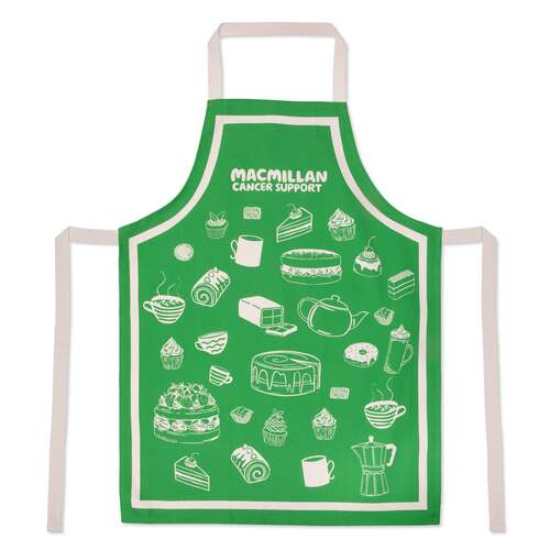 A preview of an apron that you can buy to wear for your Coffee Morning. The apron is green and has different sketches of food and drink items like cakes, tea pots and more.