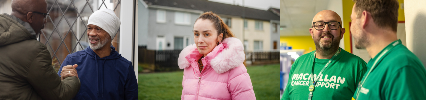 People in three different settings: two shaking hands outside a home, a person in a pink coat standing in a residential area, and two people in green Macmillan Cancer Support T‑shirts talking indoors.