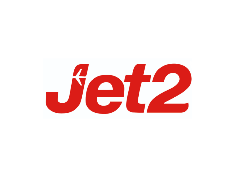 Jet2 logo in red letters with a white aeroplane flying over the J