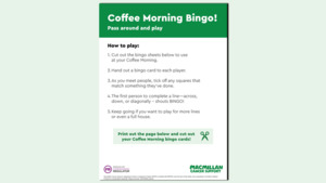 A preview of the Coffee Morning bingo sheet on a light green background.