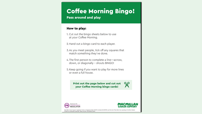 A preview of the Coffee Morning bingo sheet on a light green background.