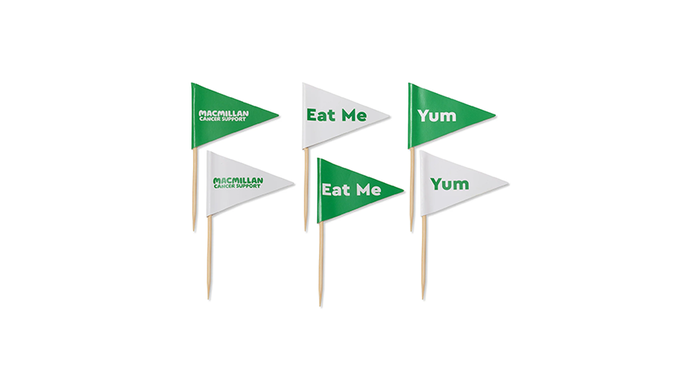 A group of small flags on toothpicks that can be used to help decorate different bakes. The flags are in white and green and have different sayings on them like 