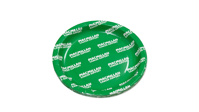 A stack of Macmillan branded green paper plates - perfect for serving up yummy treats at your Coffee Morning!
