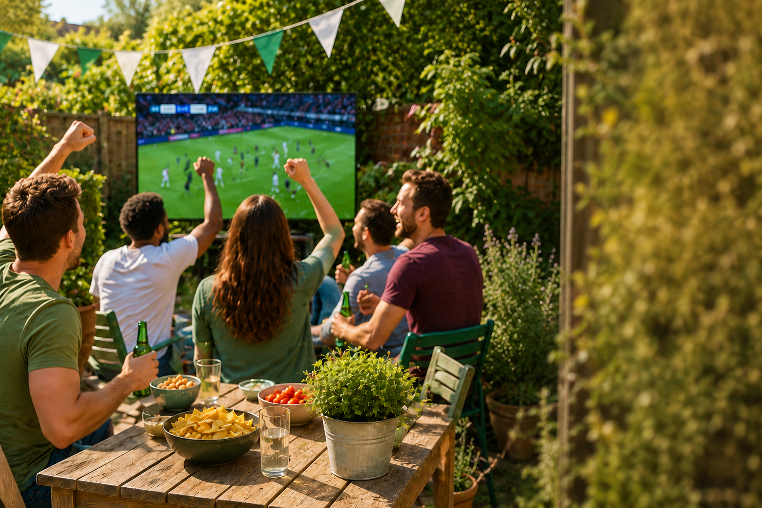 People watching the football on a TV in a garden