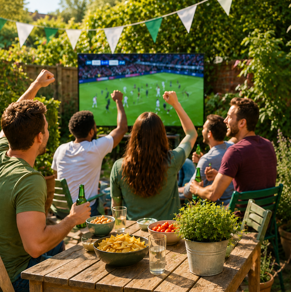 People watching the football on a TV in a garden