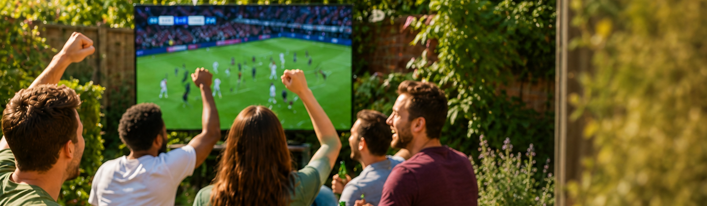 People watching the football on a TV in a garden