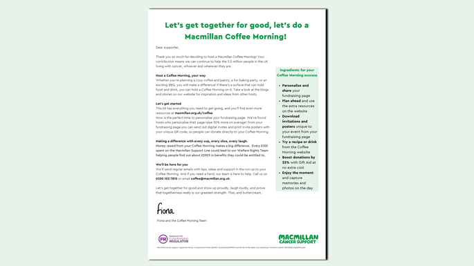 A graphic that includes a preview of the Coffee Morning digital fundraising kit on a light green background.