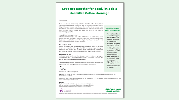 A graphic that has a preview of the Coffee Morning overseas fundraising kit on a light green background.
