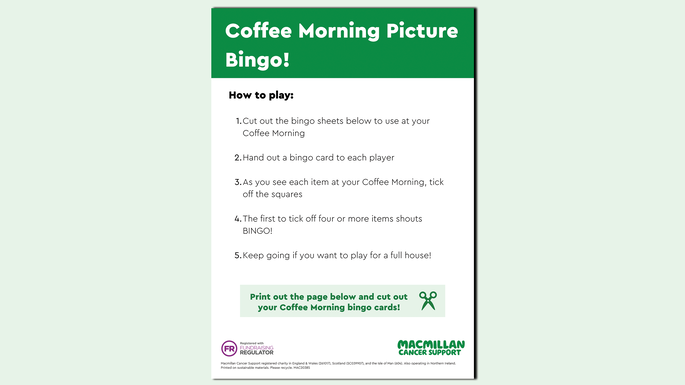 A graphic featuring a preview of the Picture bingo fundraising game on a light green background.