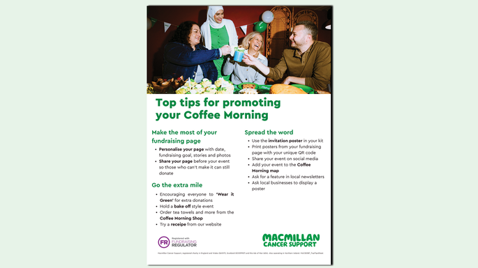 A graphic with a preview of the Top tips for promoting your Coffee Morning document, on a light green background.
